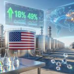 This image depicts a U.S. methanol production facility, paired with digital dashboards showing key market metrics (including 18% and 49% growth indicators) and a global trade map, illustrating the link between domestic production and international methanol price trends.