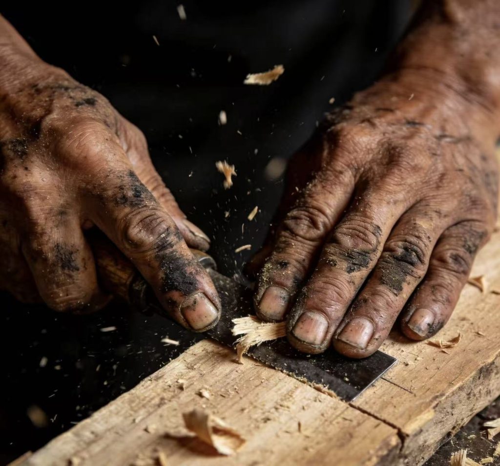 Rough hands craft ships that sail toward the horizon.