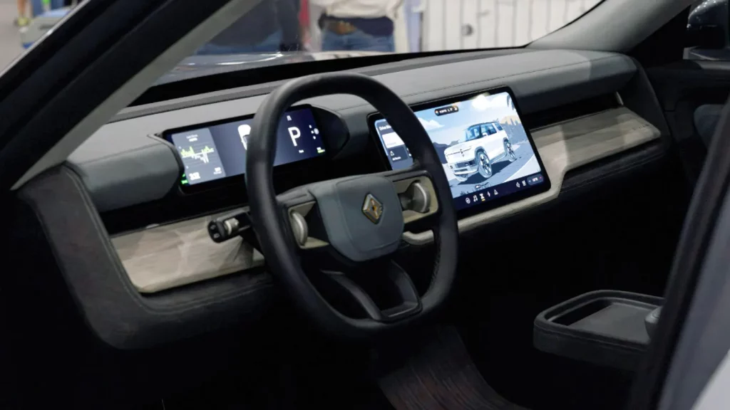 The interior of the Rivian R2 is seen during the 2025 Los Angeles Auto Show.