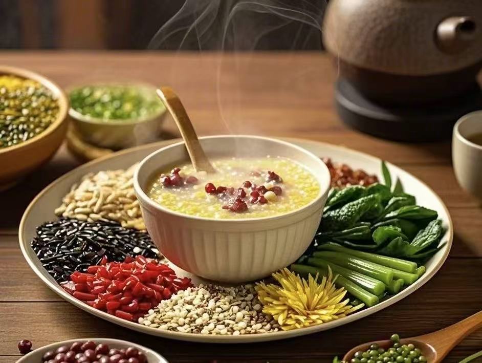 Millet wellness porridge paired with Chinese medicinal herbs, a fine example of TCM dietary therapy.