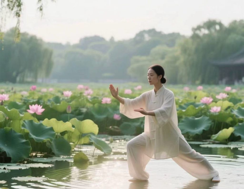 A woman practices Tai Chi by the lotus pond, a traditional TCM exercise for body-mind balance.