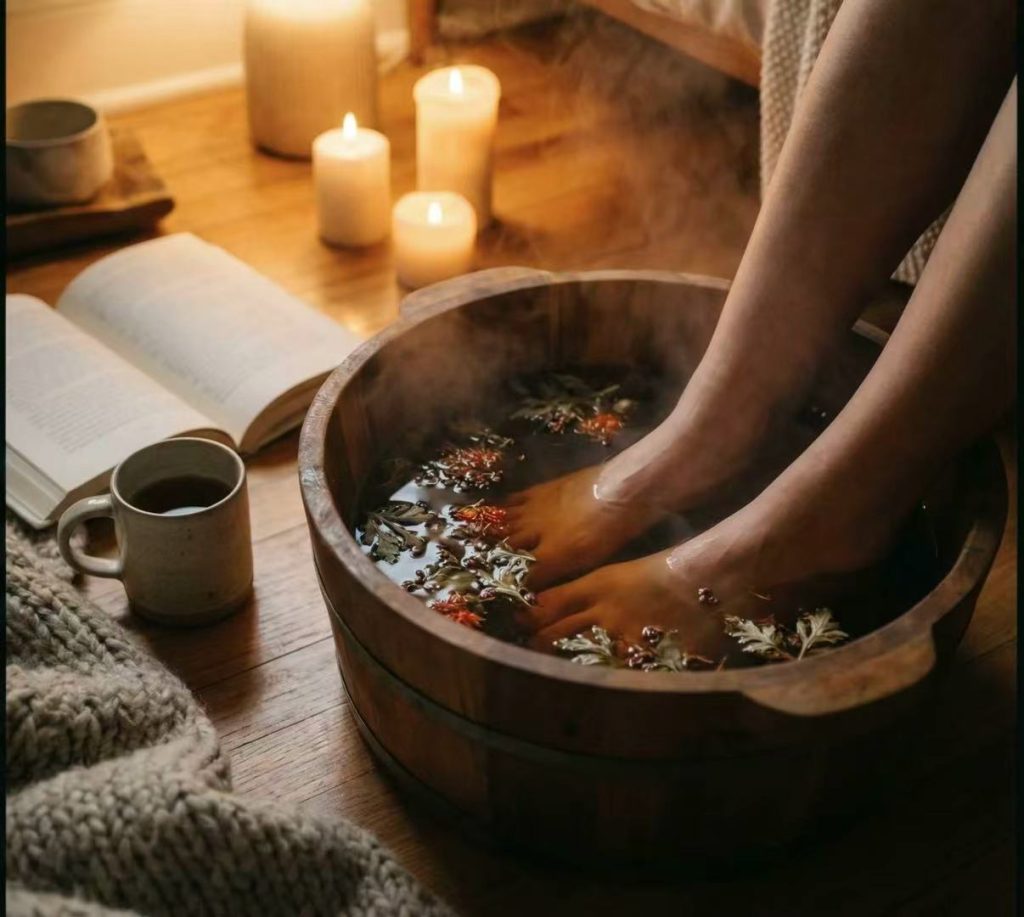 Soaking feet in a wooden tub with Chinese herbs, a traditional TCM method for detoxification and promoting circulation.