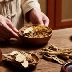 TCM practitioner blends herbal medicine, including dried roots and slices, essential for traditional therapy