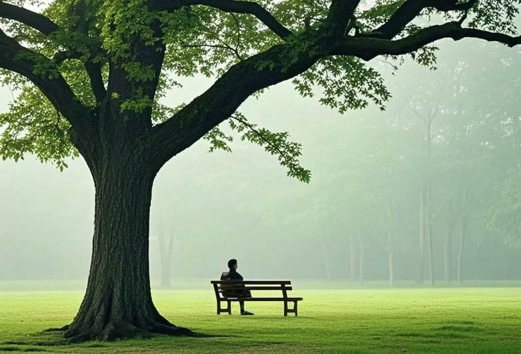 Person Meditating Under a Large Tree, Practicing TCM Wellness in Harmony with Nature
