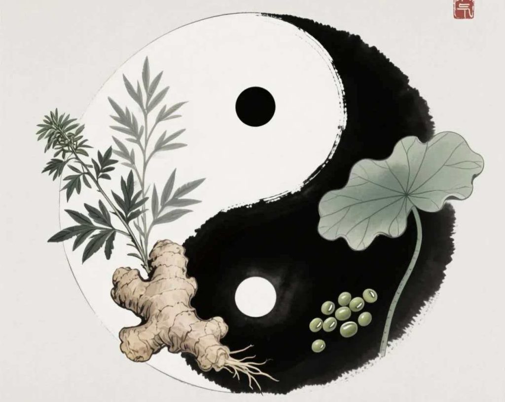 Taiji Yin-Yang Symbol with Traditional Chinese Medicine (TCM) Wellness Elements