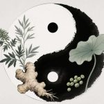 Taiji Yin-Yang Symbol with Traditional Chinese Medicine (TCM) Wellness Elements