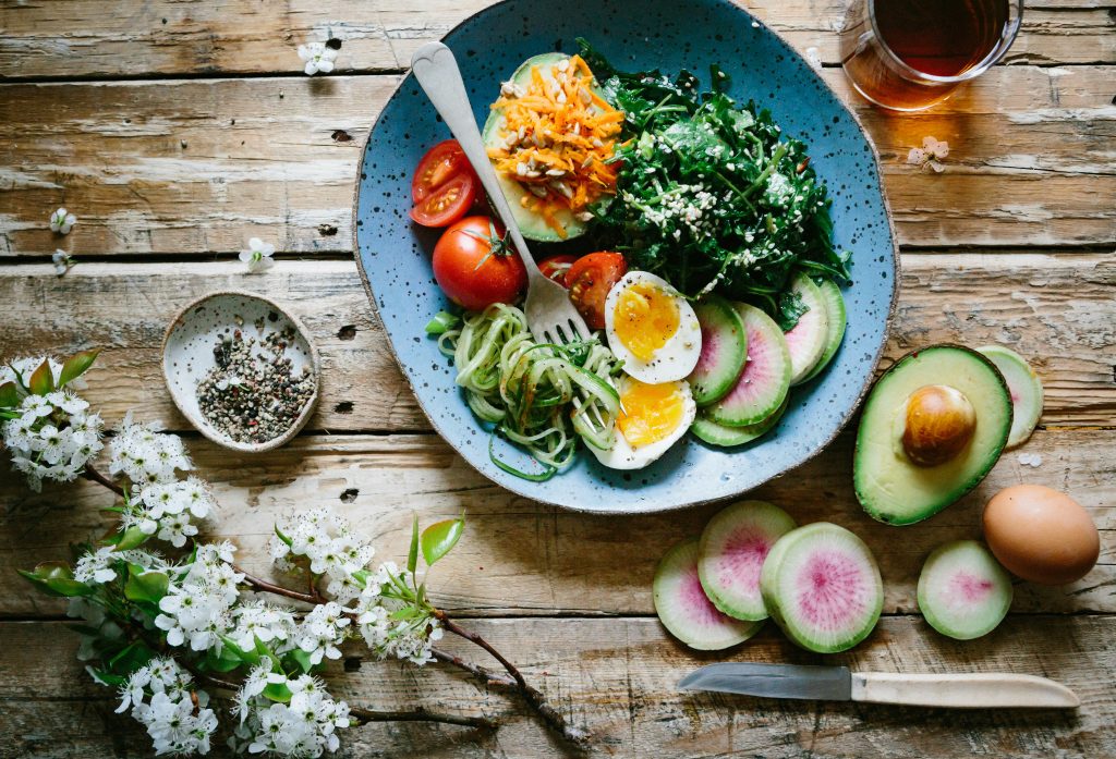 Healthy balanced diet with fruits vegetables and protein for fitness nutrition